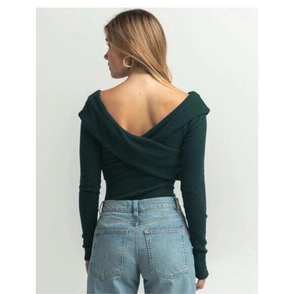 NWT Free People Marley Deepest Spruce V Neck Off Shoulder Rib Twist Top Women's - Picture 3 of 12